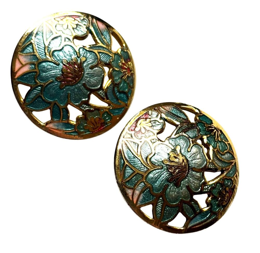 Vintage pierced earrings gold & sage green Cloisonne style enamel finish floral